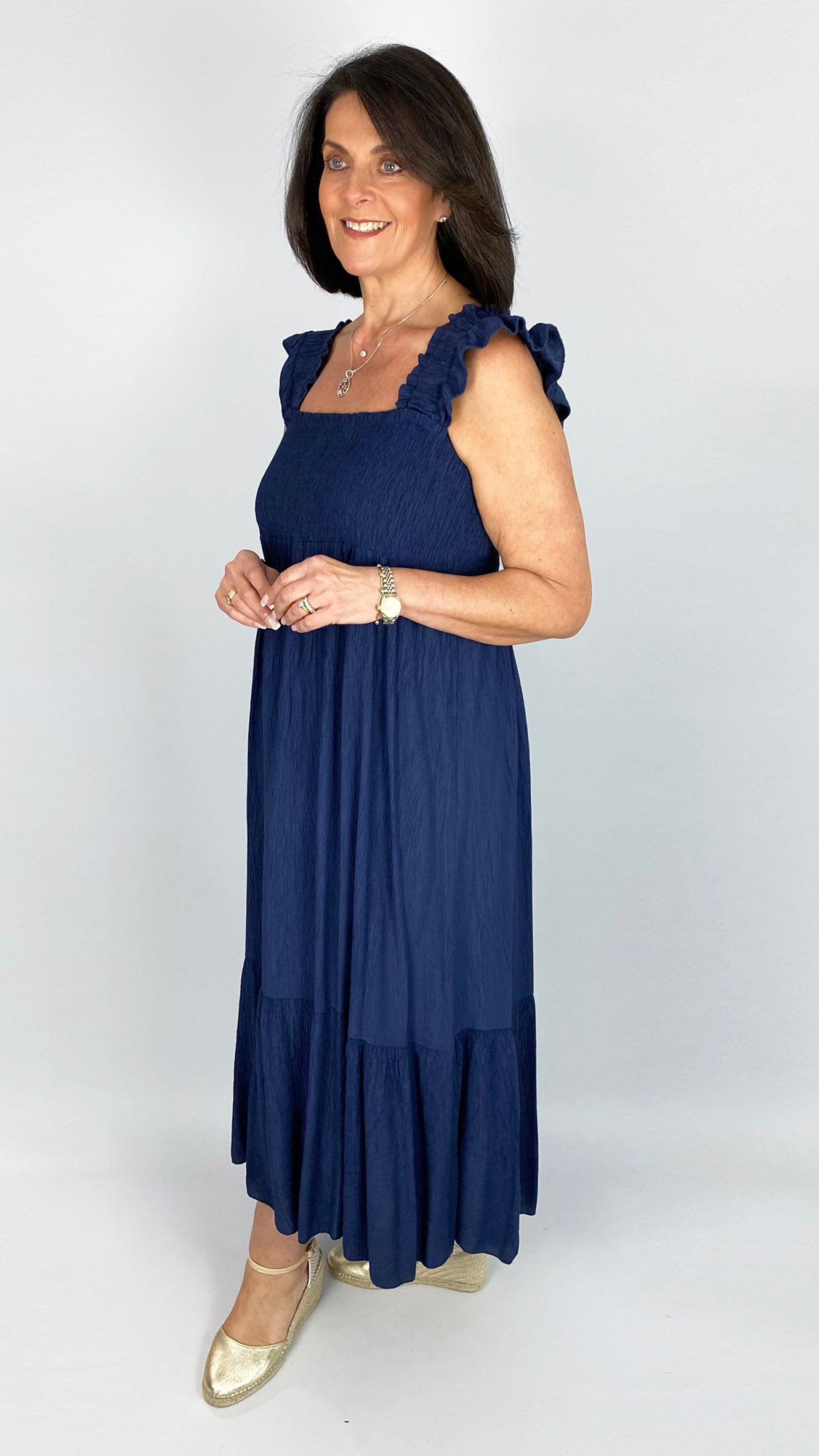 Shirred bust frill strap crinkle midaxi dress | 4 Colours