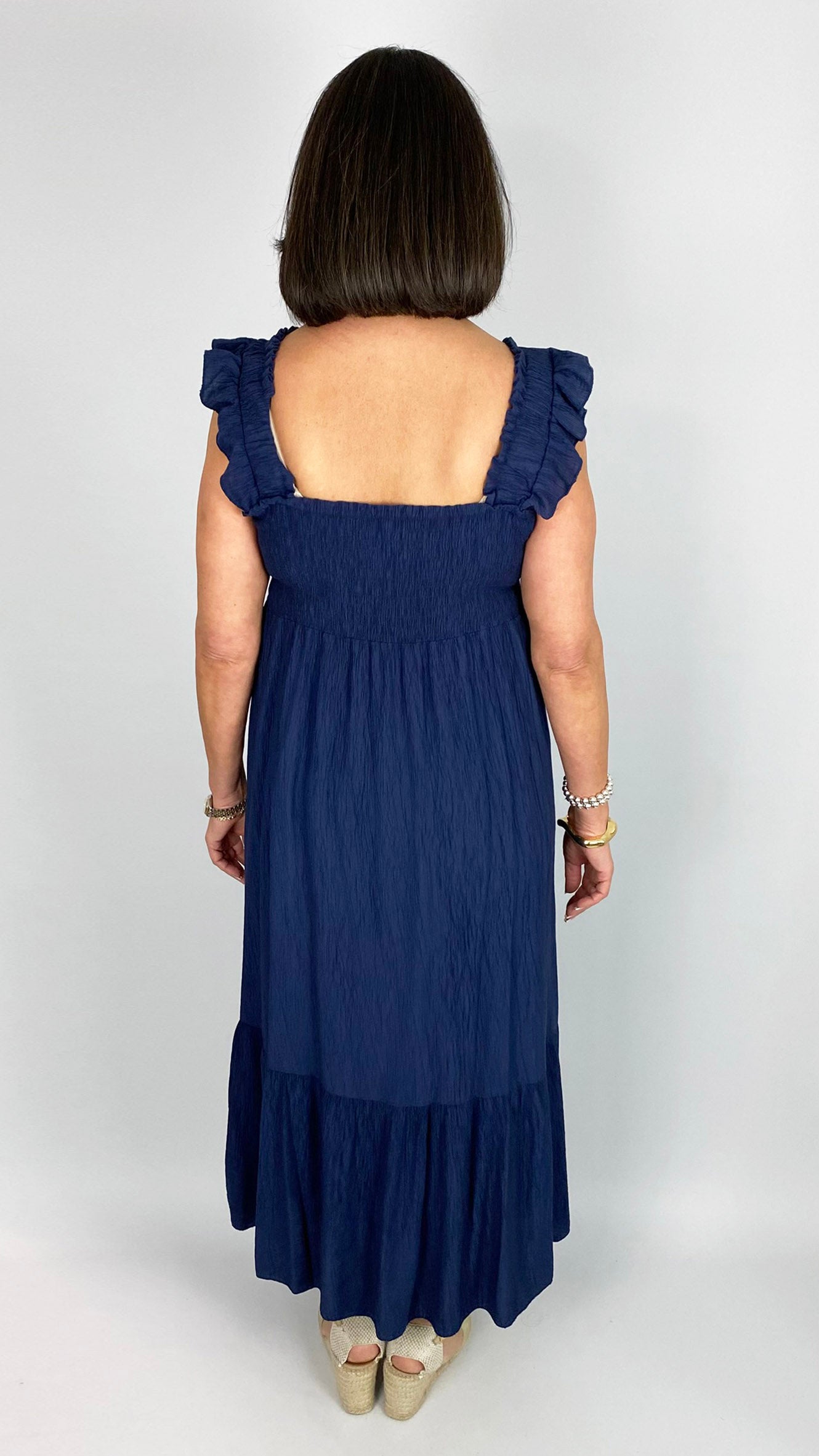 Shirred bust frill strap crinkle midaxi dress | 4 Colours
