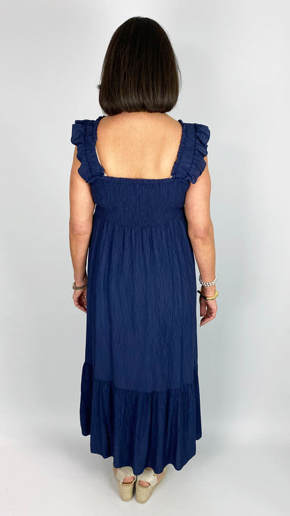 Shirred bust frill strap crinkle midaxi dress | 4 Colours