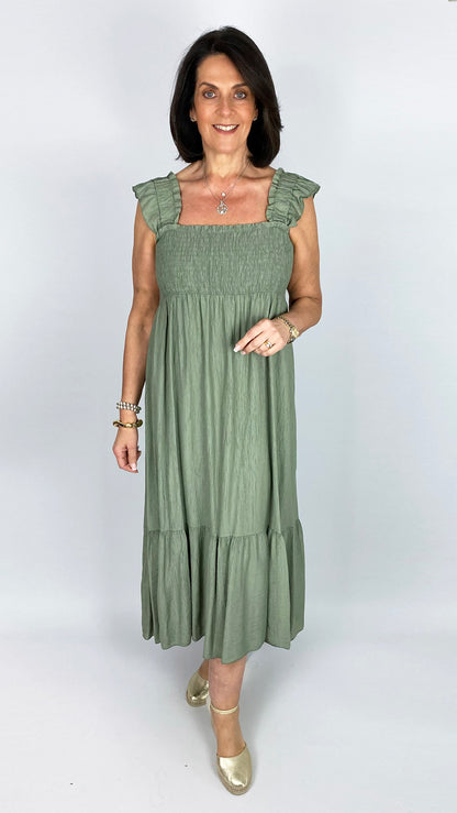 Shirred bust frill strap crinkle midaxi dress | 4 Colours