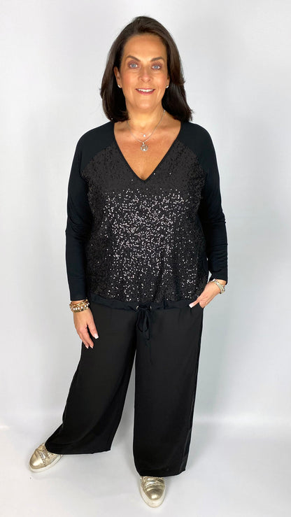 Jersey & sequin v neck drawcord top (Black) by Malissa J