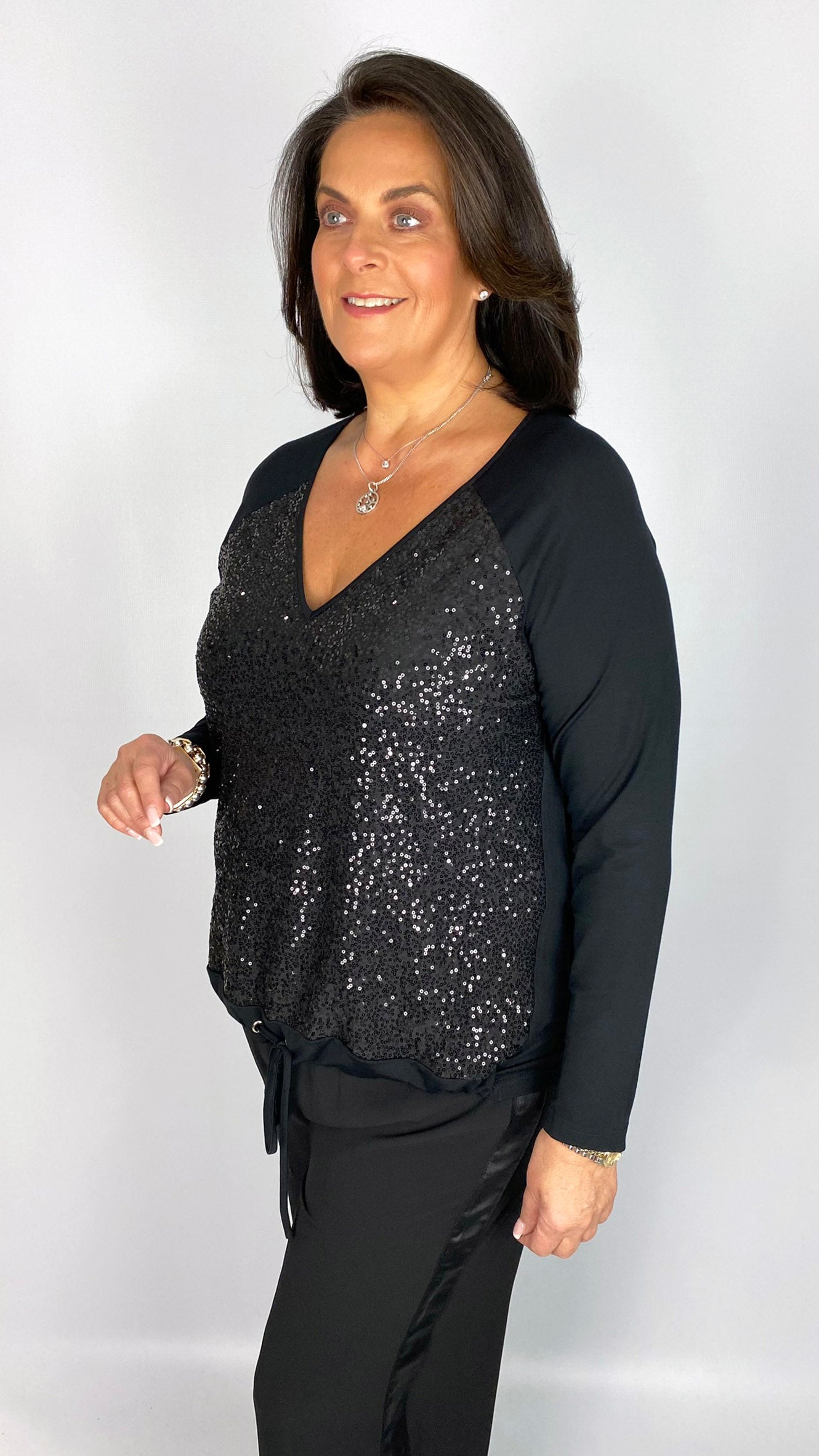 Jersey & sequin v neck drawcord top (Black) by Malissa J