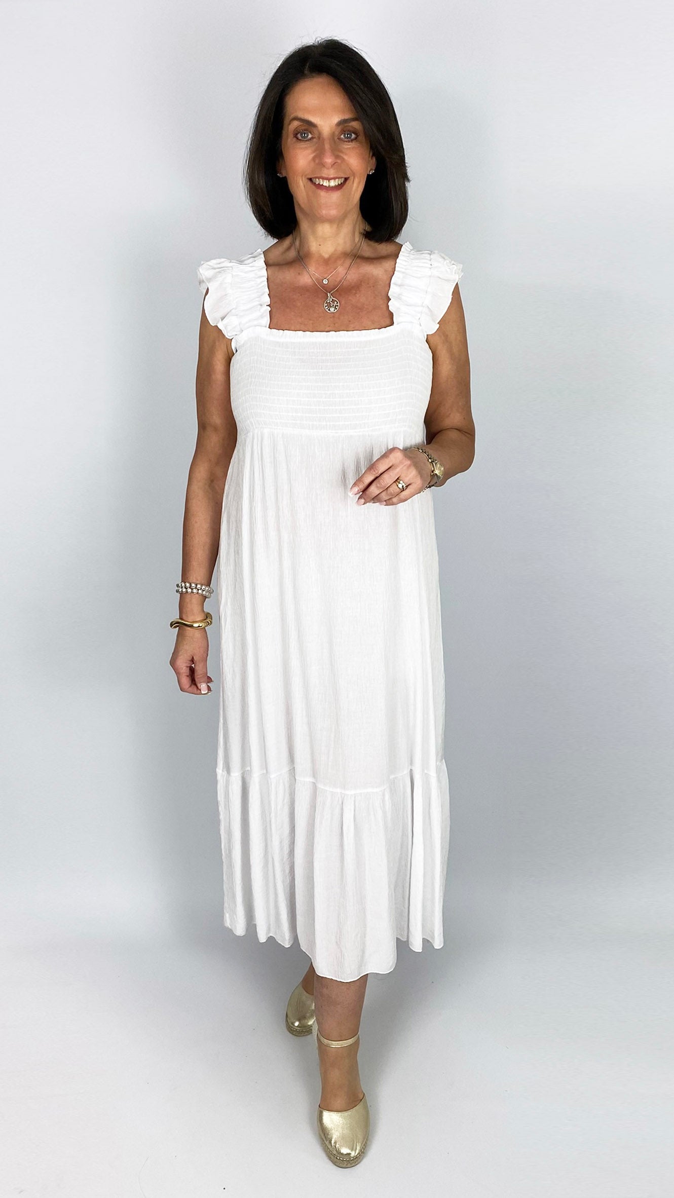 Shirred bust frill strap crinkle midaxi dress | 4 Colours