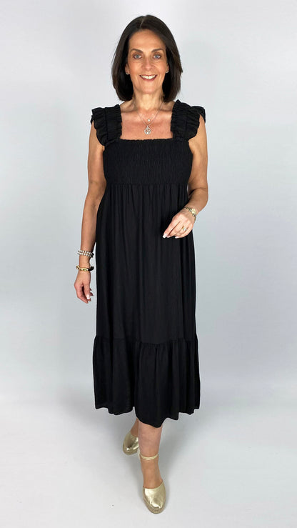 Shirred bust frill strap crinkle midaxi dress | 4 Colours
