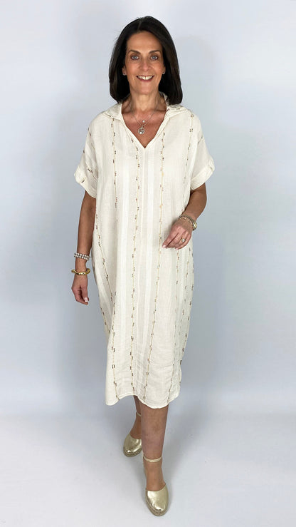 Boho multi coloured embroidered cotton & linen mix shirtdress | 2 Colours