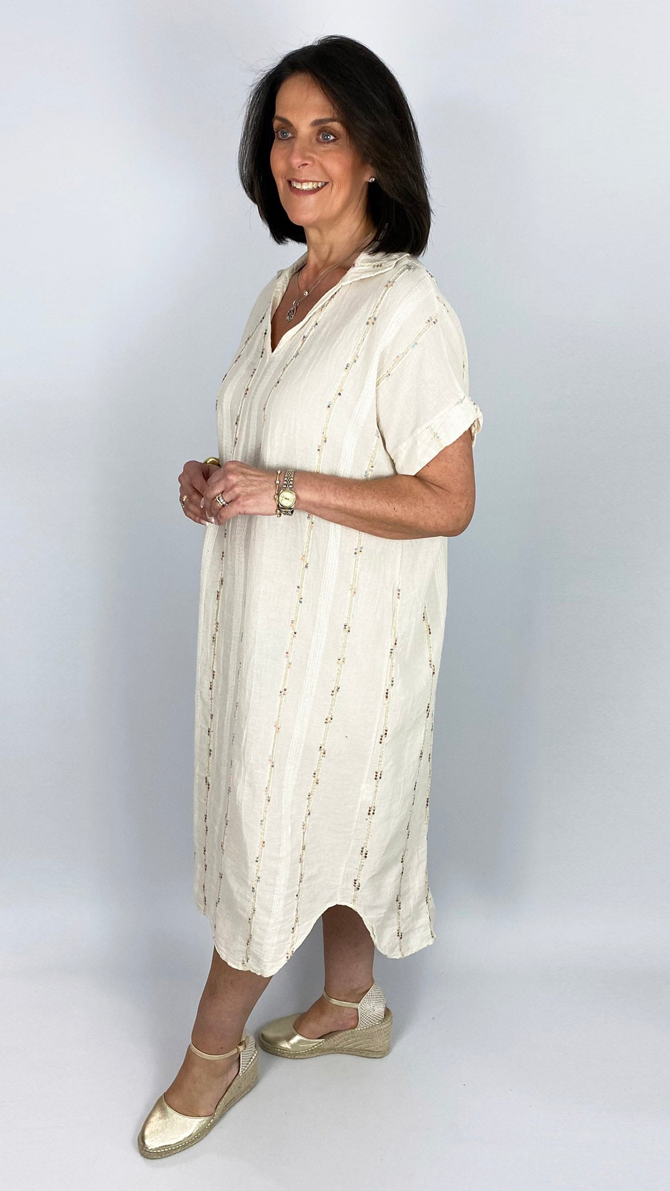 Boho multi coloured embroidered cotton & linen mix shirtdress | 2 Colours