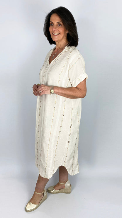 Boho multi coloured embroidered cotton & linen mix shirtdress | 2 Colours