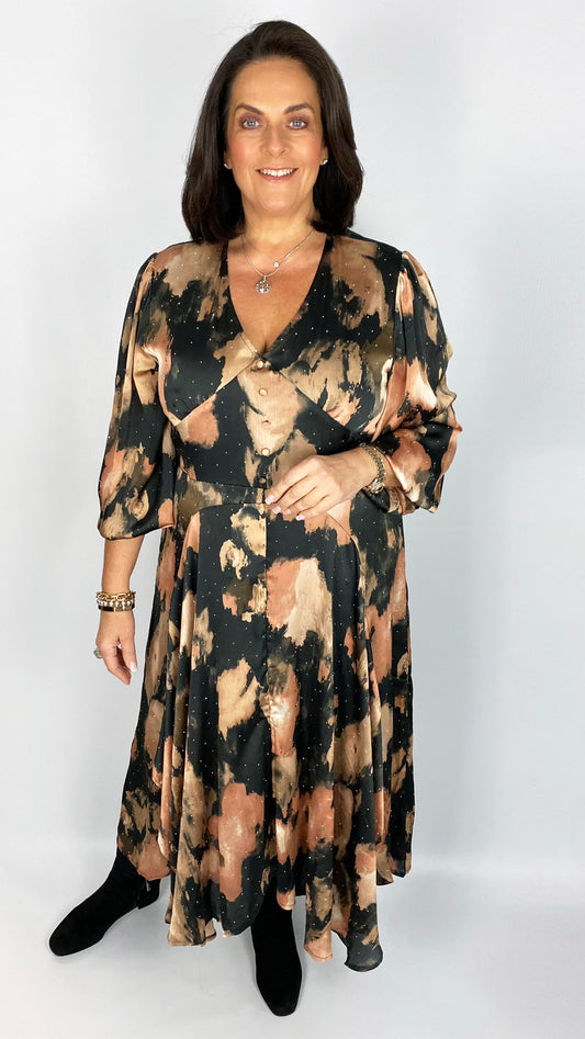 Chiffon v neck puff sleeve dress (Black multi) by Malissa J