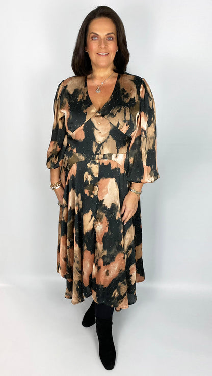 Chiffon v neck puff sleeve dress (Black multi) by Malissa J