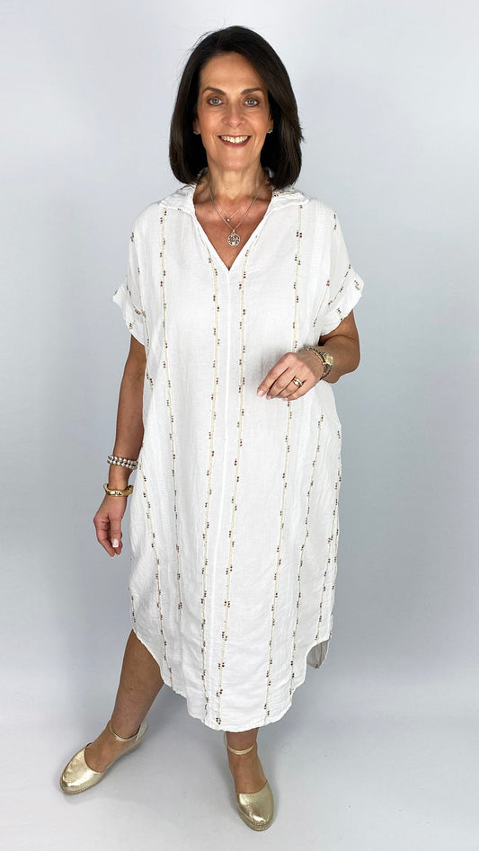 Boho multi coloured embroidered cotton & linen mix shirtdress | 2 Colours