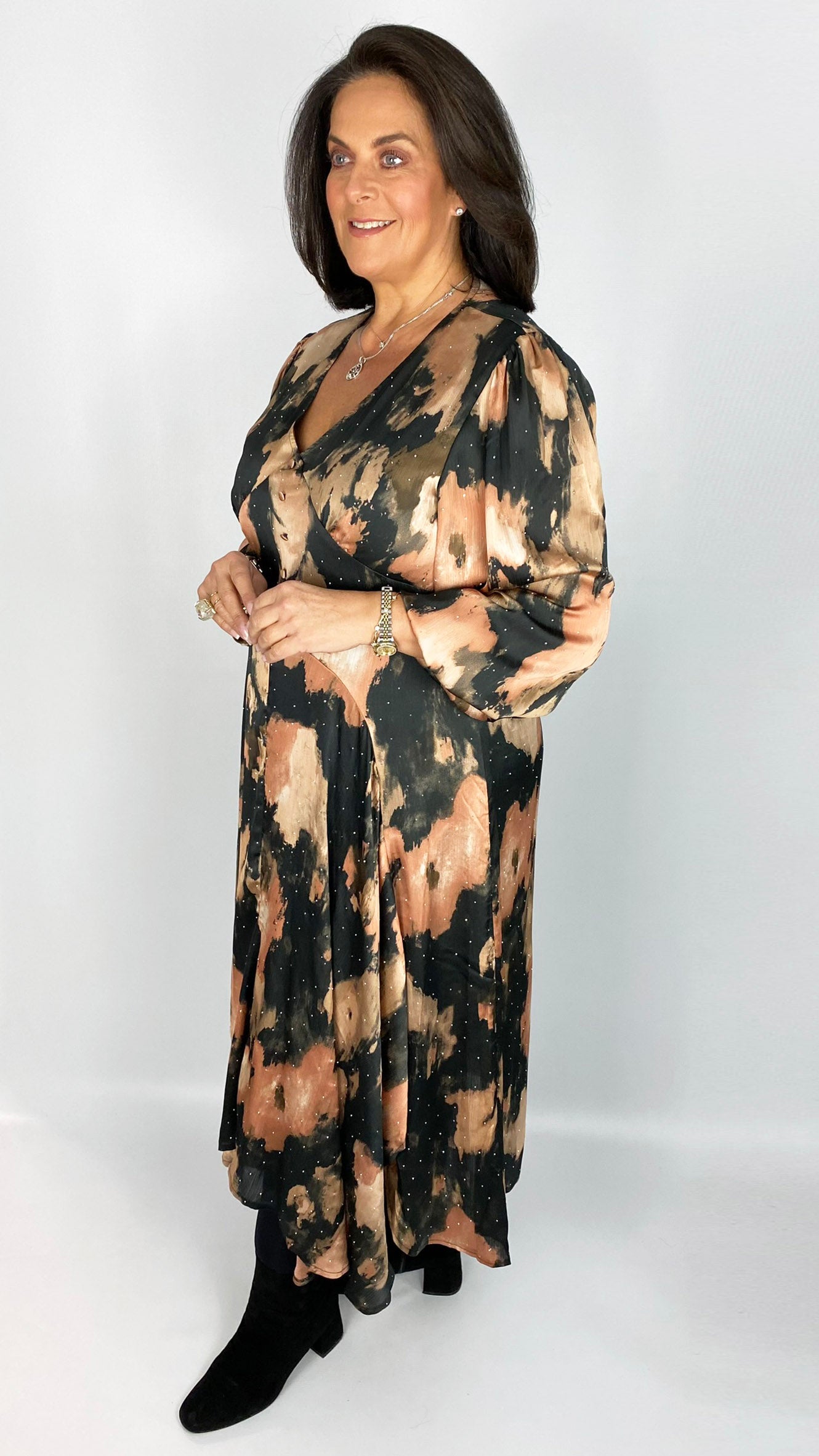 Chiffon v neck puff sleeve dress (Black multi) by Malissa J