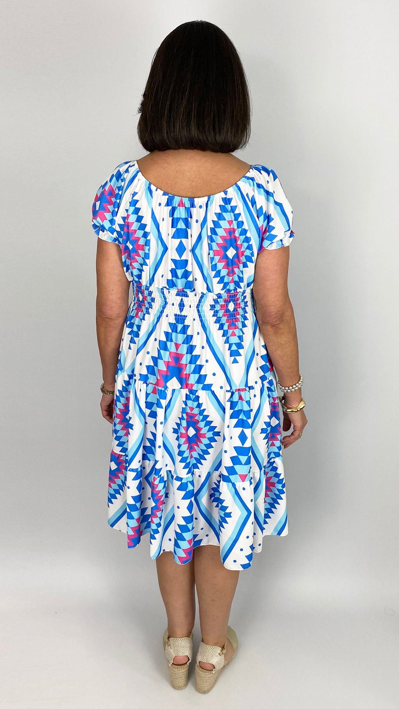 On/off-the-shoulder bright aztec print tiered midi dress | 2 Colours