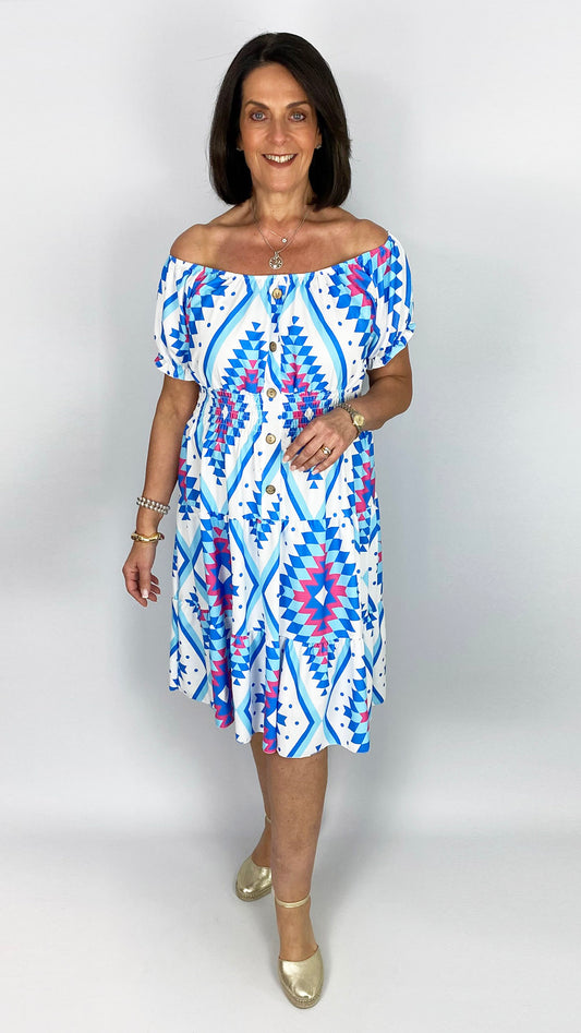 On/off-the-shoulder bright aztec print tiered midi dress | 2 Colours