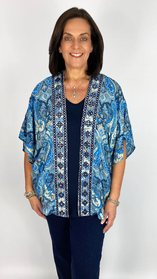 Embellished trim short kimono jacket | Paisley Blue