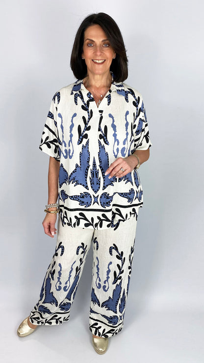 Scattered rhinestone & print top & wide-leg trouser set | 2 Colours