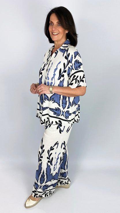 Scattered rhinestone & print top & wide-leg trouser set | 2 Colours
