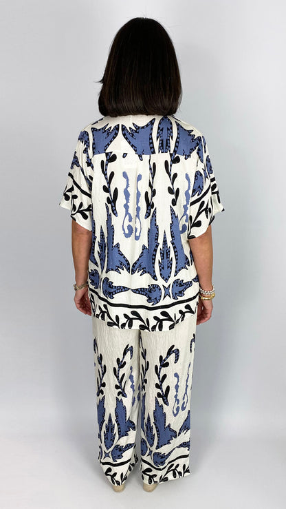 Scattered rhinestone & print top & wide-leg trouser set | 2 Colours