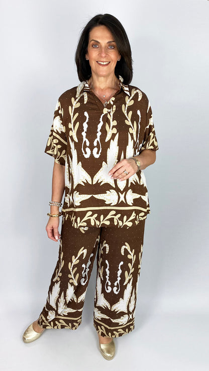 Scattered rhinestone & print top & wide-leg trouser set | 2 Colours