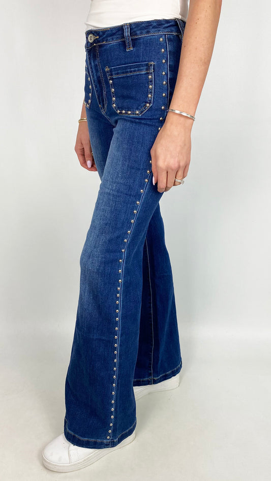 Studded feature pocket bootcut stretch denim jeans