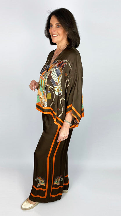 Designer-inspired satin-feel batwing shirt & wide-leg trouser set | Chocolate/Orange