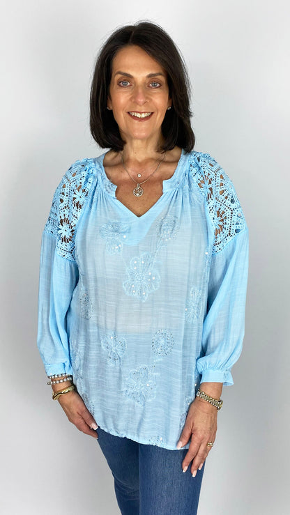 Crochet shoulder embellished v-neck blouse | 3 Colours