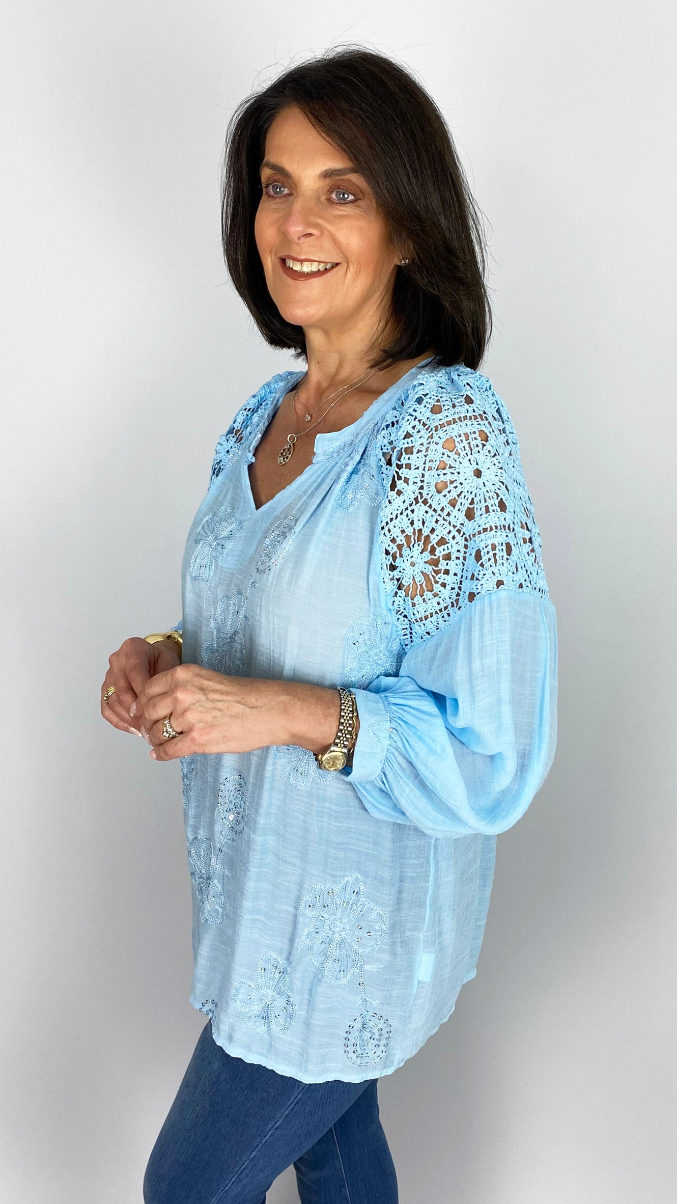 Crochet shoulder embellished v-neck blouse | 3 Colours