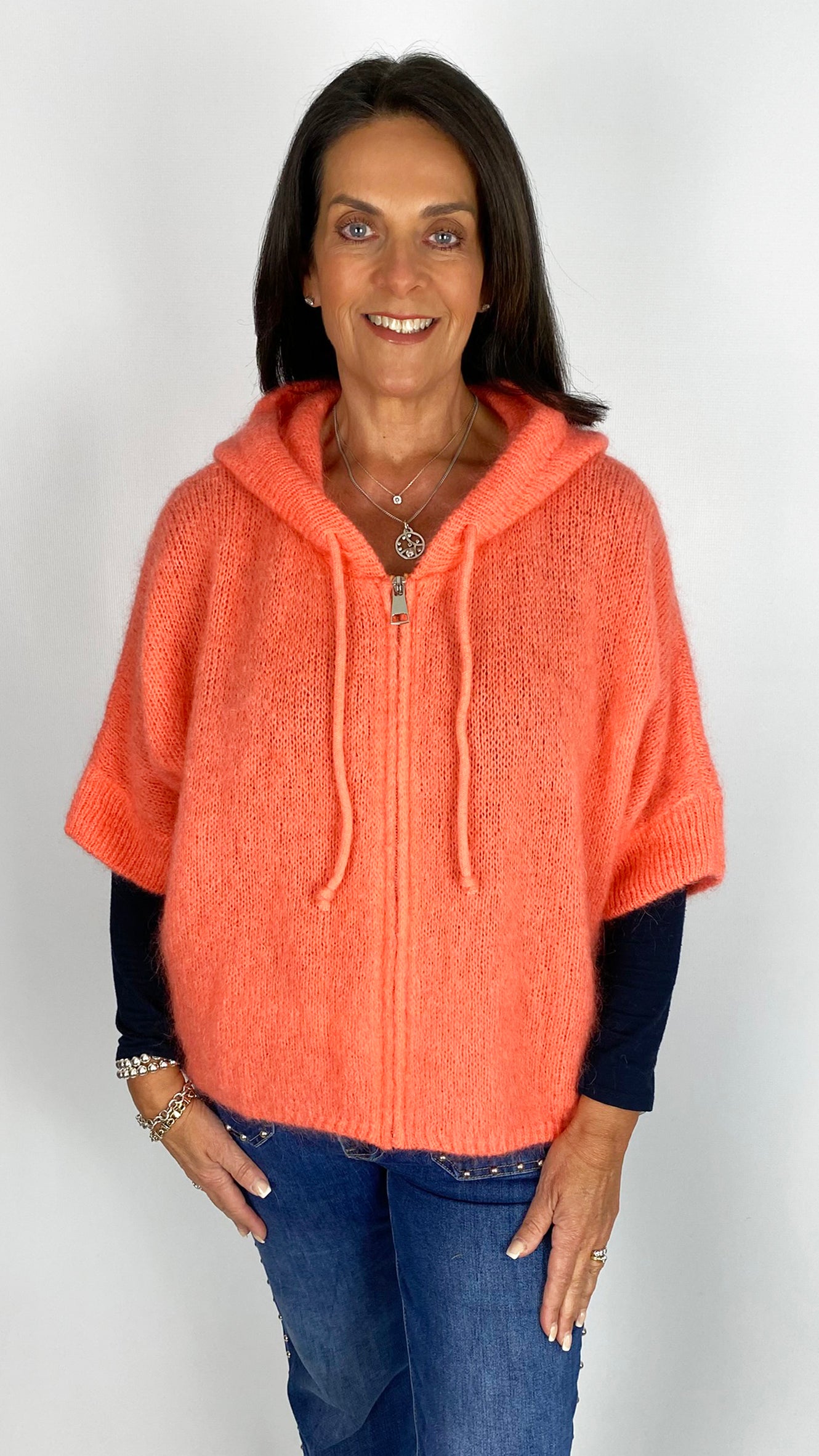 Cropped sleeve zip-through knitted hoodie | 3 Colours | last 1