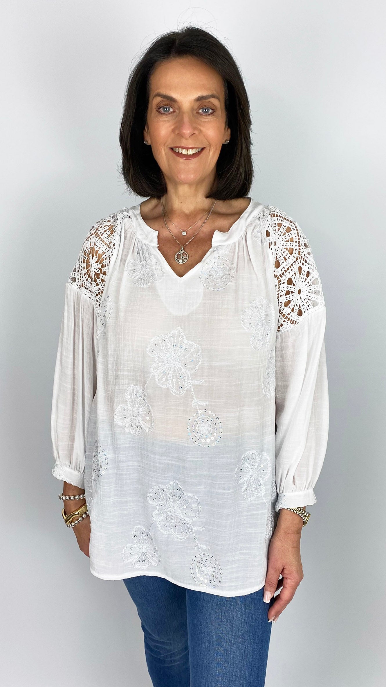Crochet shoulder embellished v-neck blouse | 3 Colours