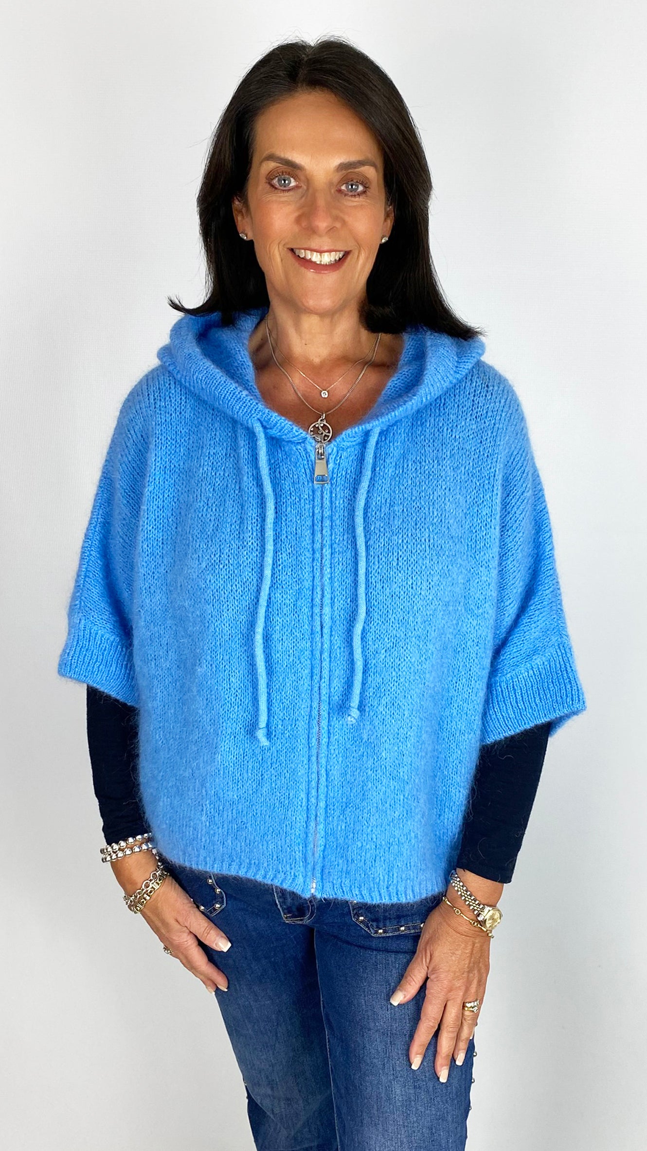 Cropped sleeve zip-through knitted hoodie | 3 Colours | last 1