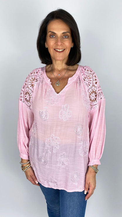 Crochet shoulder embellished v-neck blouse | 3 Colours