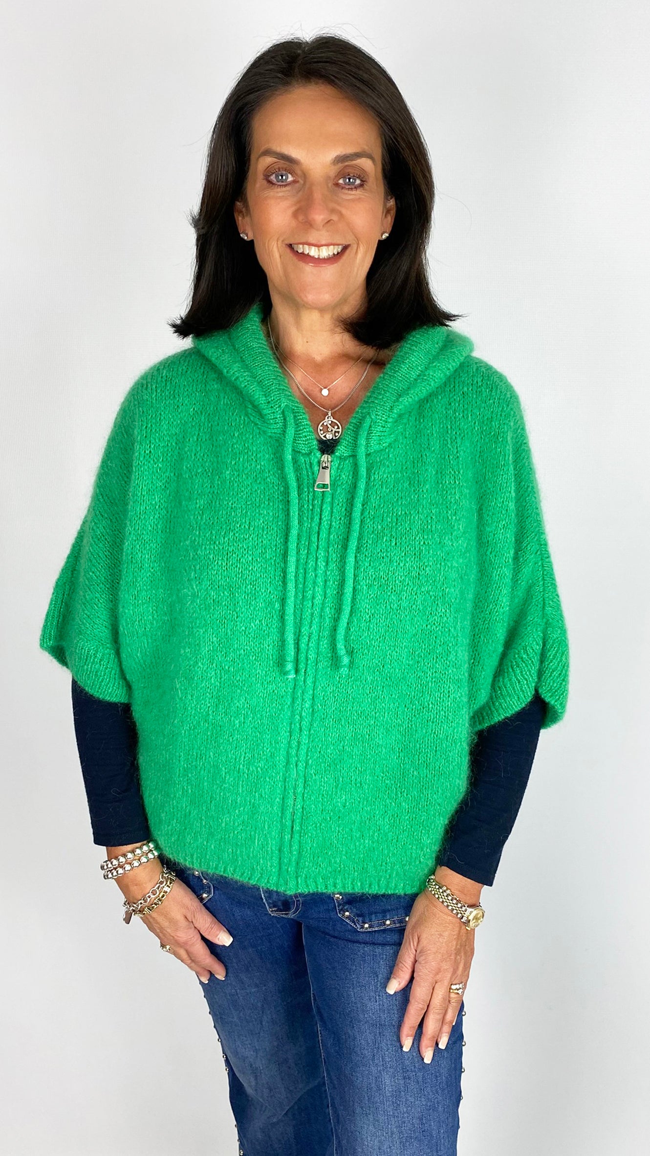 Cropped sleeve zip-through knitted hoodie | 3 Colours | last 1