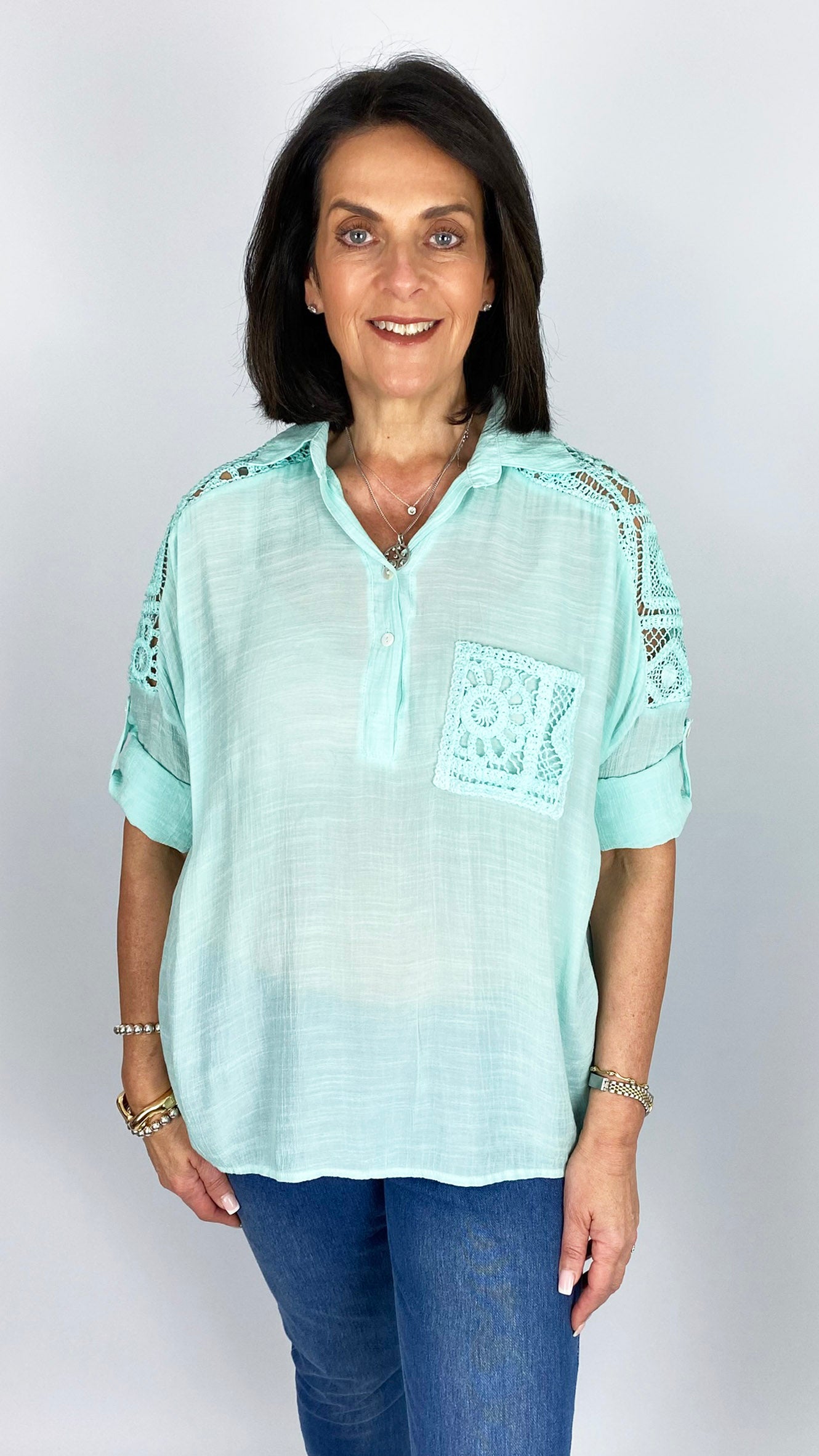 Crochet shoulder & patch pocket blouse | 3 Colours