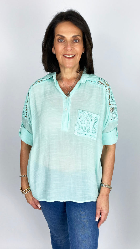Crochet shoulder & patch pocket blouse | 3 Colours