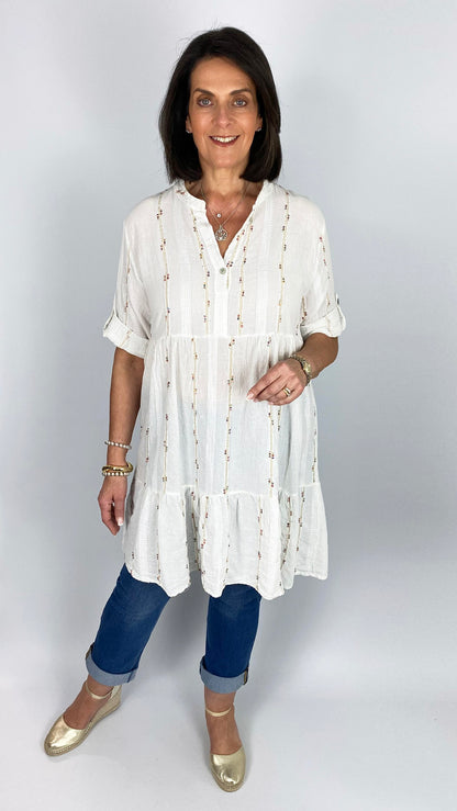 Boho multi coloured embroidered cotton & linen mix tunic | 3 Colours