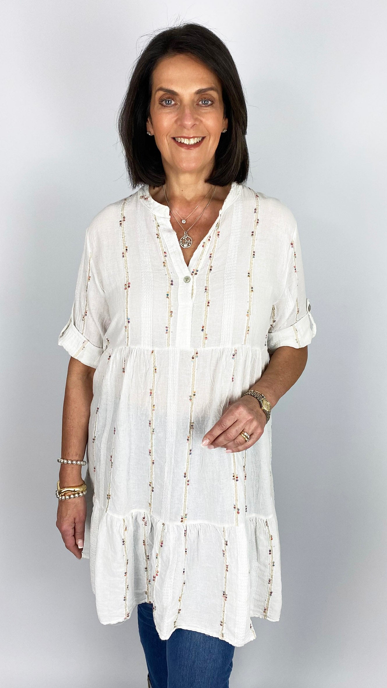 Boho multi coloured embroidered cotton & linen mix tunic | 3 Colours