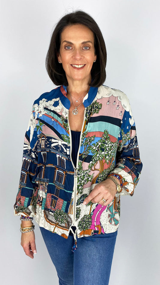Silk mix zip-through print bomber jacket | 2 Colours
