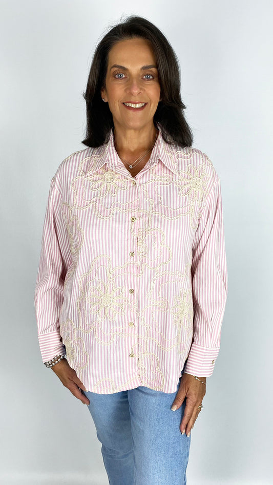 Flower embroidered stripe shirt | 2 Colours