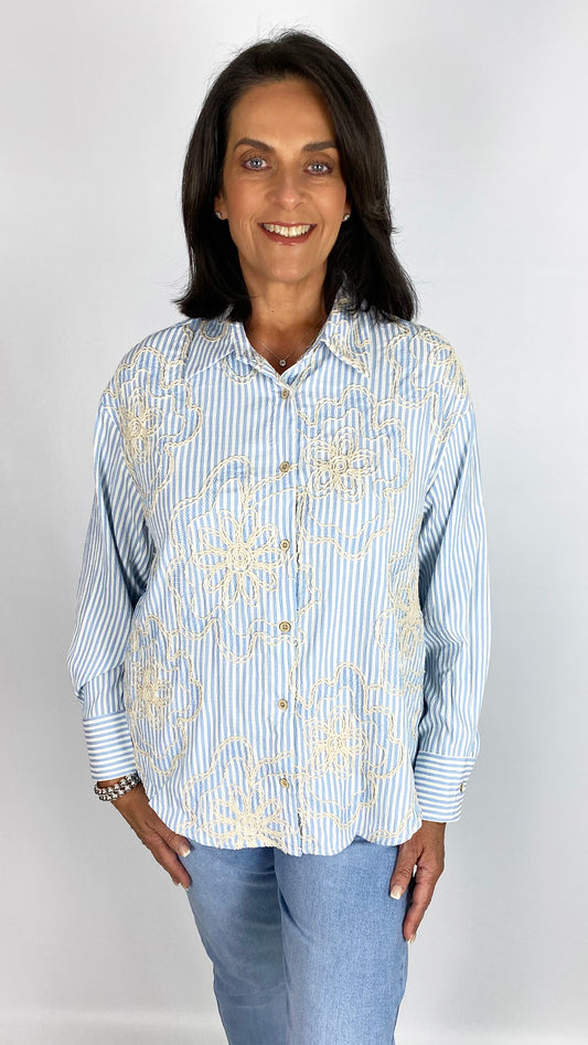 Flower embroidered stripe shirt | 2 Colours