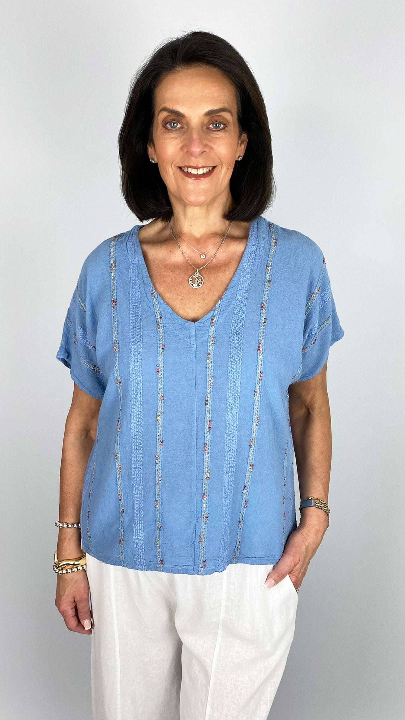 Boho multi coloured embroidered cotton & linen mix v-neck top | 3 Colours