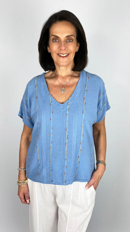 Boho multi coloured embroidered cotton & linen mix v-neck top | 3 Colours