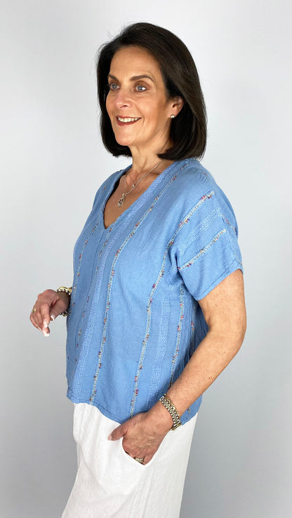 Boho multi coloured embroidered cotton & linen mix v-neck top | 3 Colours