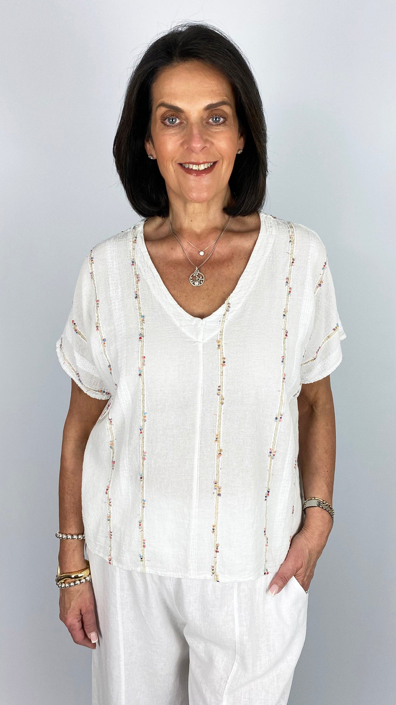 Boho multi coloured embroidered cotton & linen mix v-neck top | 3 Colours