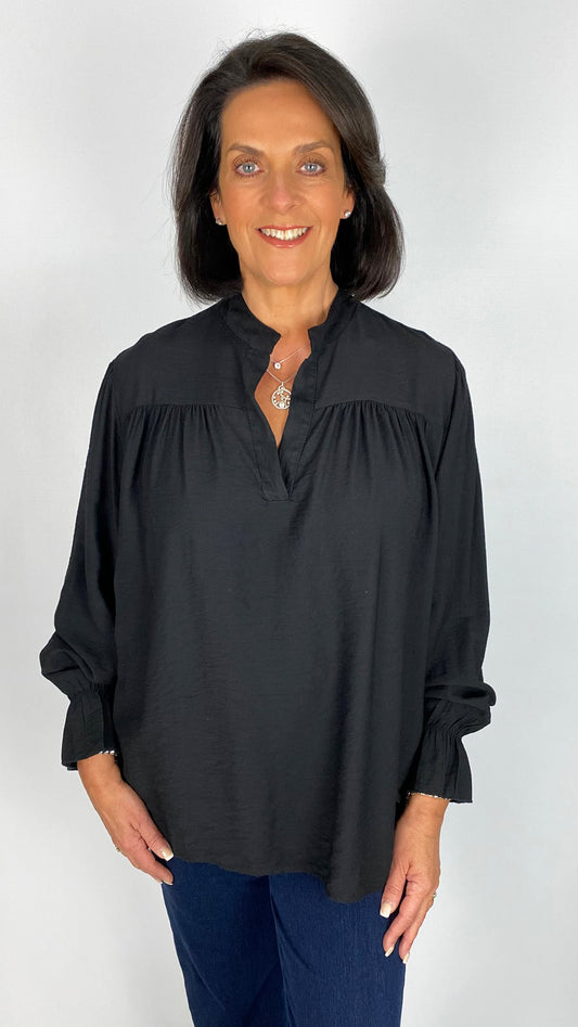 Grandad collar dipped back bell sleeve blouse | 5 Colours