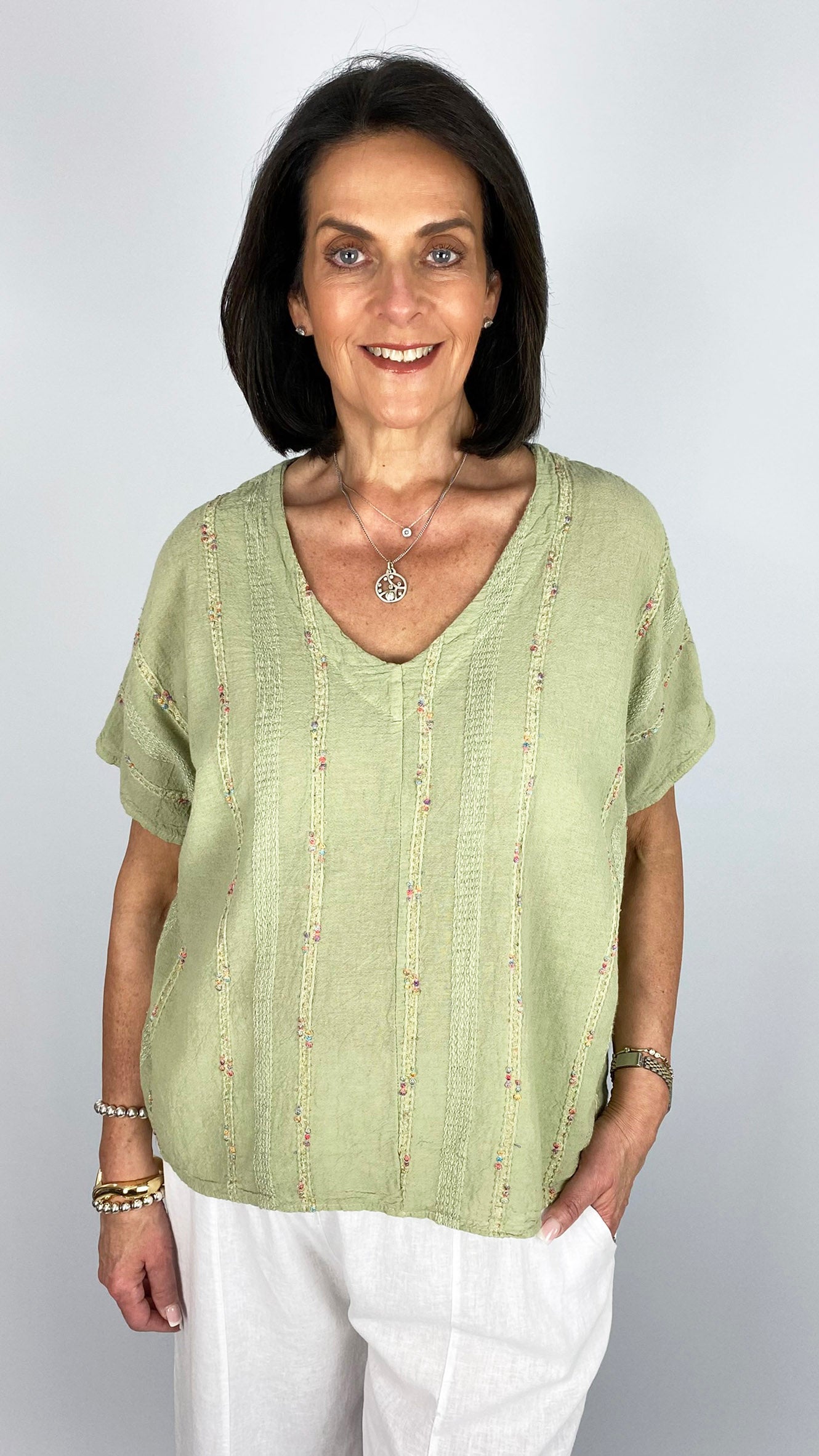 Boho multi coloured embroidered cotton & linen mix v-neck top | 3 Colours