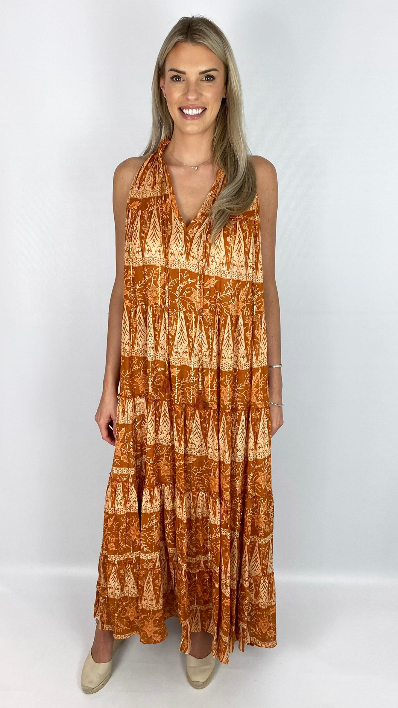 Racer back sleeveless tiered maxi dress | Rust