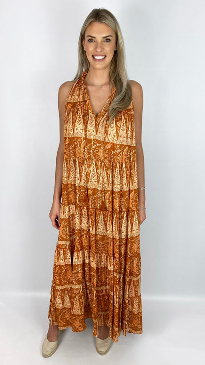 Racer back sleeveless tiered maxi dress | Rust