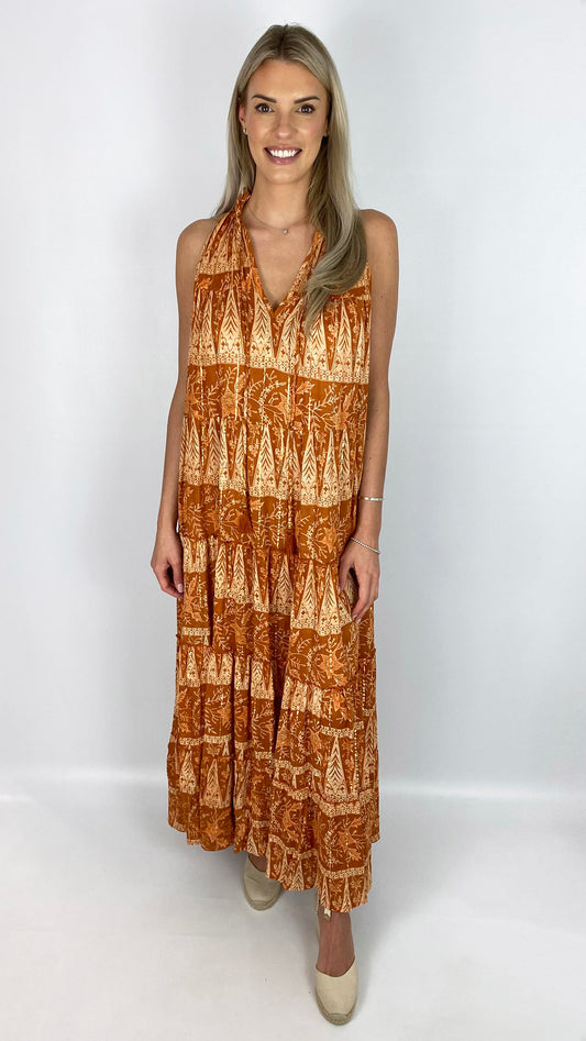 Racer back sleeveless tiered maxi dress | Rust