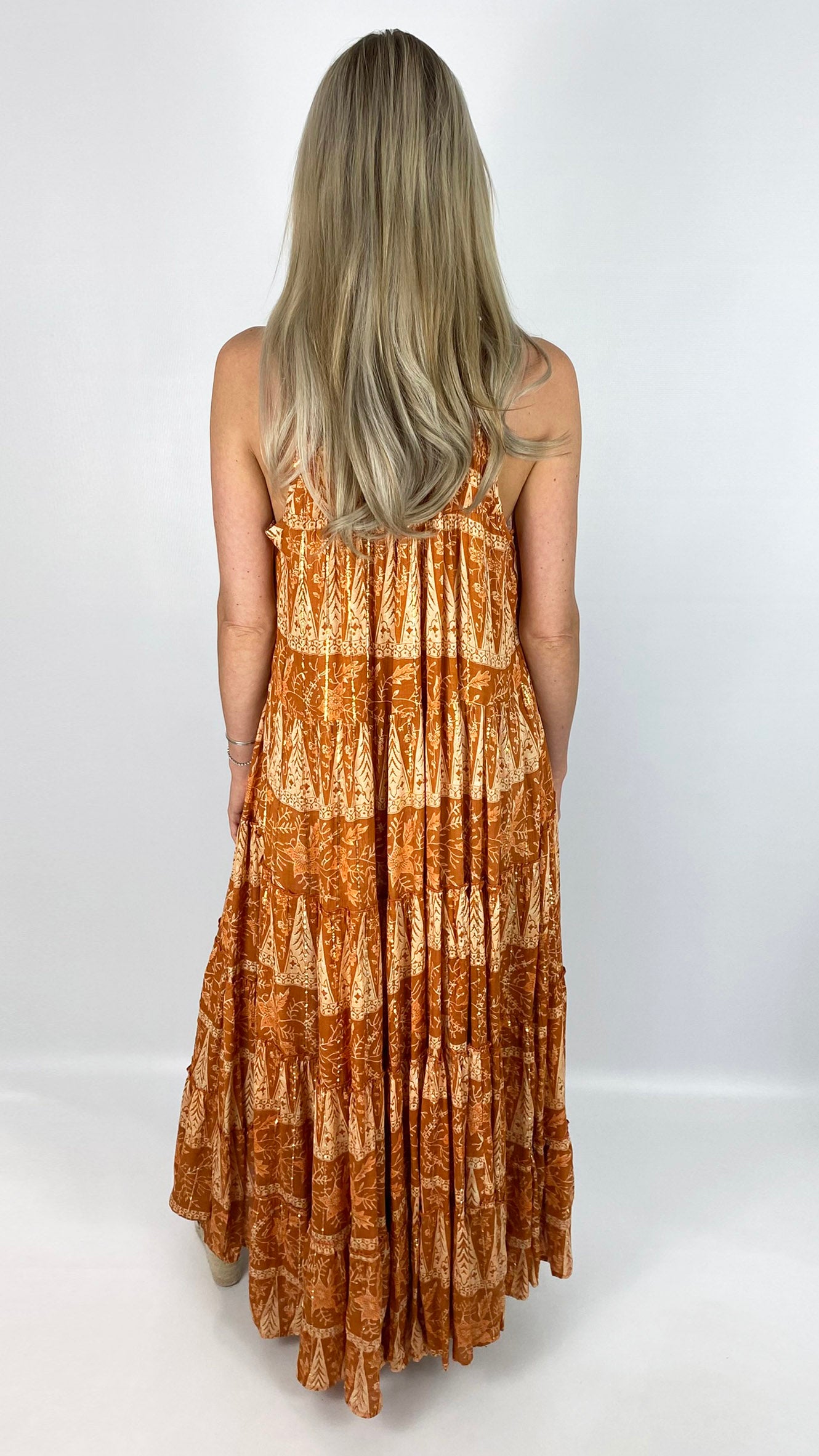 Racer back sleeveless tiered maxi dress | Rust