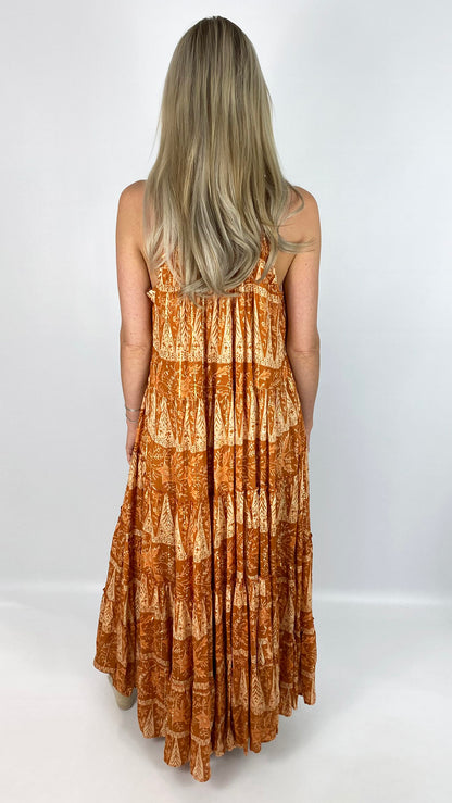 Racer back sleeveless tiered maxi dress | Rust