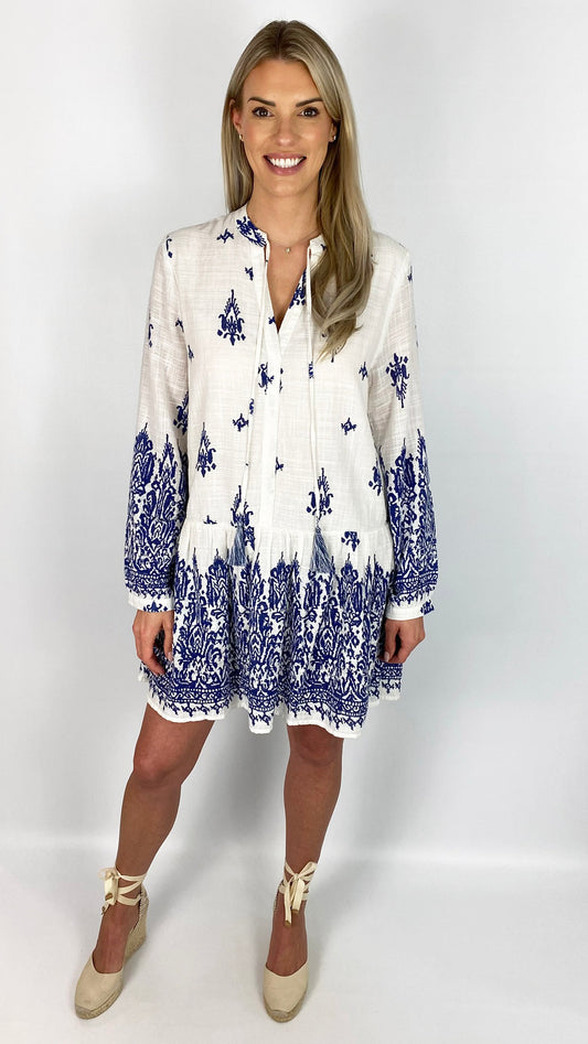 Cotton mix print tunic dress by Goa | White/Blue